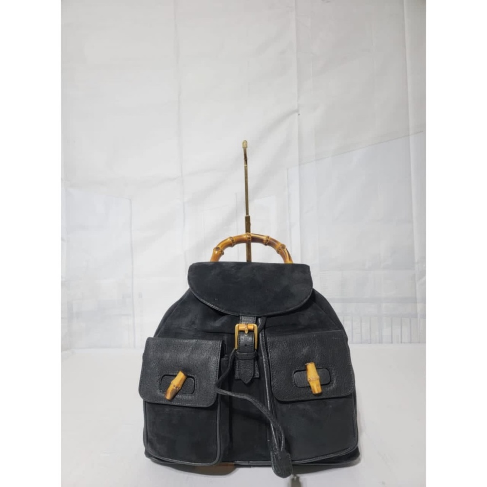 Authentic Gucci Vintage Suede & Leather Bamboo Backpack Black